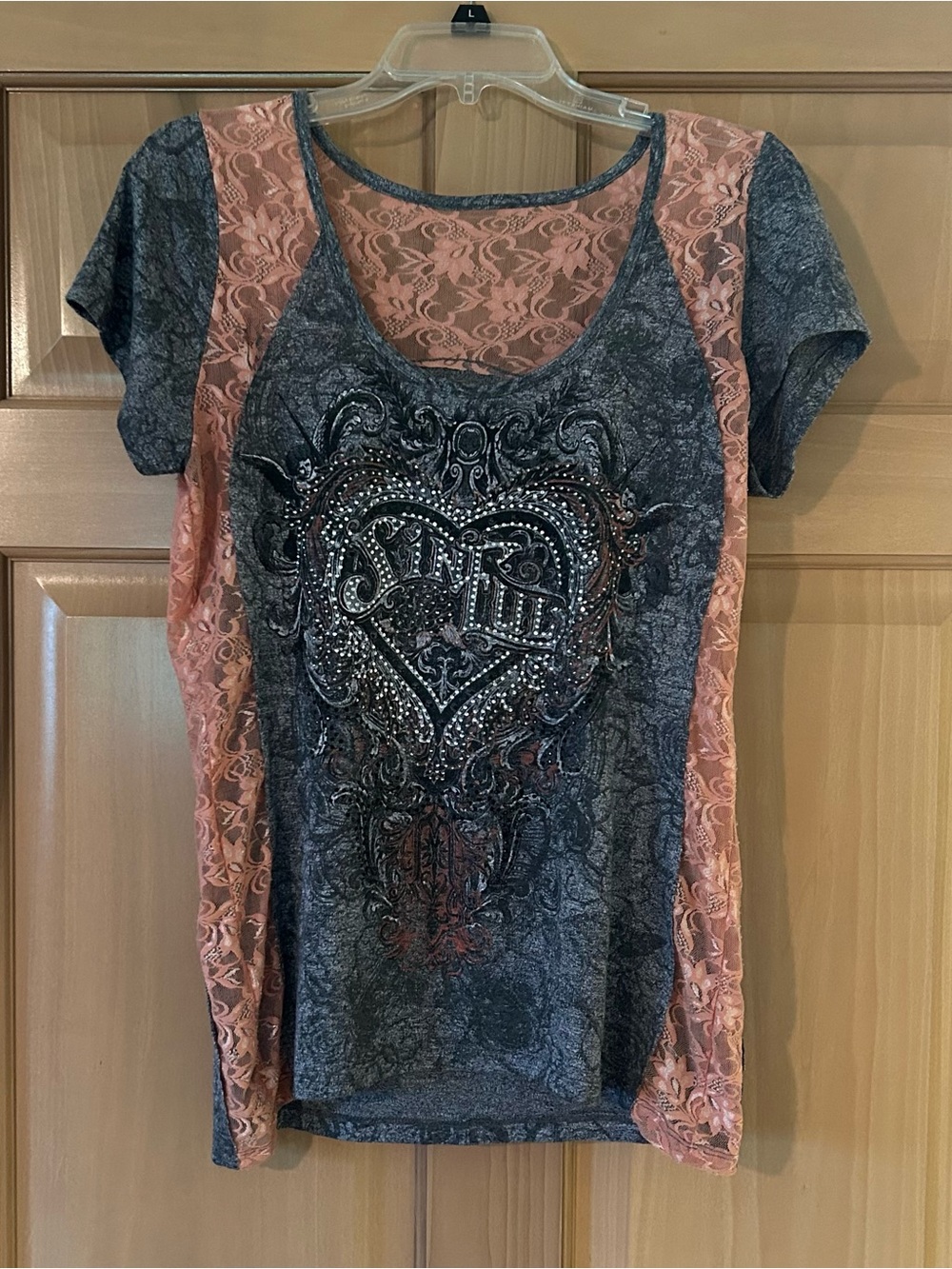 Vintage Sinful by Affliction Y2K Grunge Lace Graphic Tee Rhinestone Heart XL